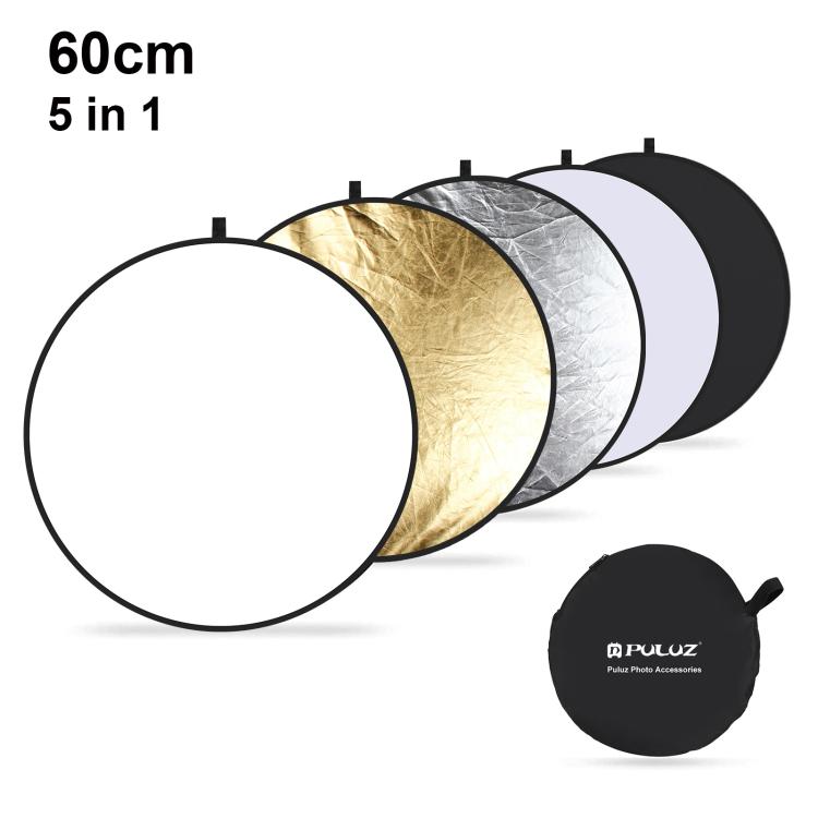 PULUZ 60 cm 5 in 1 (Argento/Traslucido/Oro/Bianco/Nero) Pannello riflettente pieghevole per studio fotografico, 60cm Reflector
