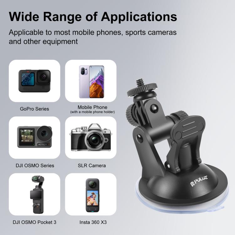 PULUZ Supporto a Ventosa per Auto con Vite, Adattatore per Montaggio su Treppiede e Custodia per GoPro Hero11 Nero / HERO10 Nero /9 Nero /8 Nero /7 /6 /5 /5 Sessione /4 Sessione /4 /3+ /3 /2 /1, DJI Osmo Action e altre action camera, Sucker Mount
