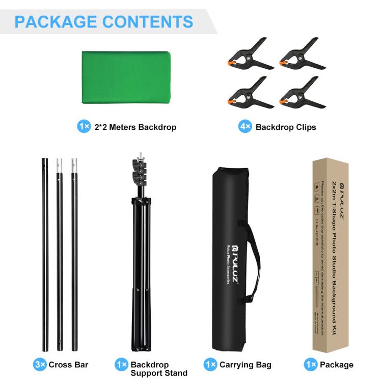 PULUZ 2x2m Kit staffa traversa per fondale per studio fotografico a forma di T, supporto per fondale con clip, 2 x 2m Bracket Kit