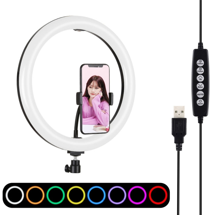 PULUZ 11,8 pollici 30 cm superficie curva USB 10 modalità 8 colori RGBW dimmerabile LED anello Vlogging luci video con testa a sfera per treppiede e morsetto per telefono, 11.8 inch Button Control