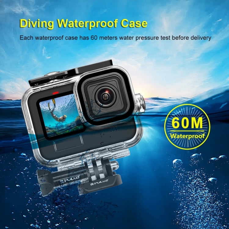 PULUZ per GoPro HERO12 Nero/11 Nero/10 Nero/9 Nero Custodia protettiva impermeabile da 60 m con fibbia, supporto di base e vite, For GoPro HERO9 Black