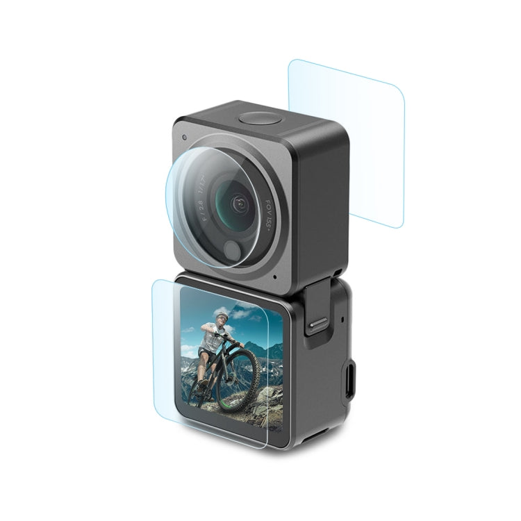 PULUZ Obiettivo 3 in 1 + Display LCD anteriore e posteriore Pellicola in vetro temperato 9H 2.5D per DJI Action 2, Lens Screen Film