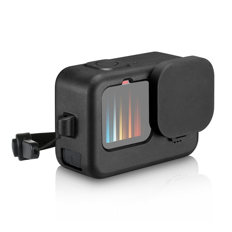 PULUZ per GoPro HERO12 Nero/11 Nero/10 Nero/9 Nero Custodia protettiva in silicone + Copertura interfaccia laterale POM con cinturino da polso e copriobiettivo, For GoPro HERO12 Black Silicone Case + Side Cover