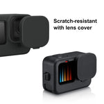 PULUZ per GoPro HERO12 Nero/11 Nero/10 Nero/9 Nero Custodia protettiva in silicone + Copertura interfaccia laterale POM con cinturino da polso e copriobiettivo, For GoPro HERO12 Black Silicone Case + Side Cover