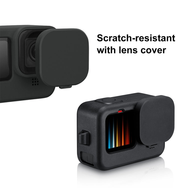 PULUZ per GoPro HERO12 Nero/11 Nero/10 Nero/9 Nero Custodia protettiva in silicone + Copertura interfaccia laterale POM con cinturino da polso e copriobiettivo, For GoPro HERO12 Black Silicone Case + Side Cover