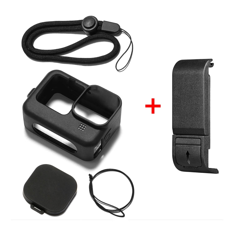 PULUZ per GoPro HERO12 Nero/11 Nero/10 Nero/9 Nero Custodia protettiva in silicone + Copertura interfaccia laterale POM con cinturino da polso e copriobiettivo, For GoPro HERO12 Black Silicone Case + Side Cover