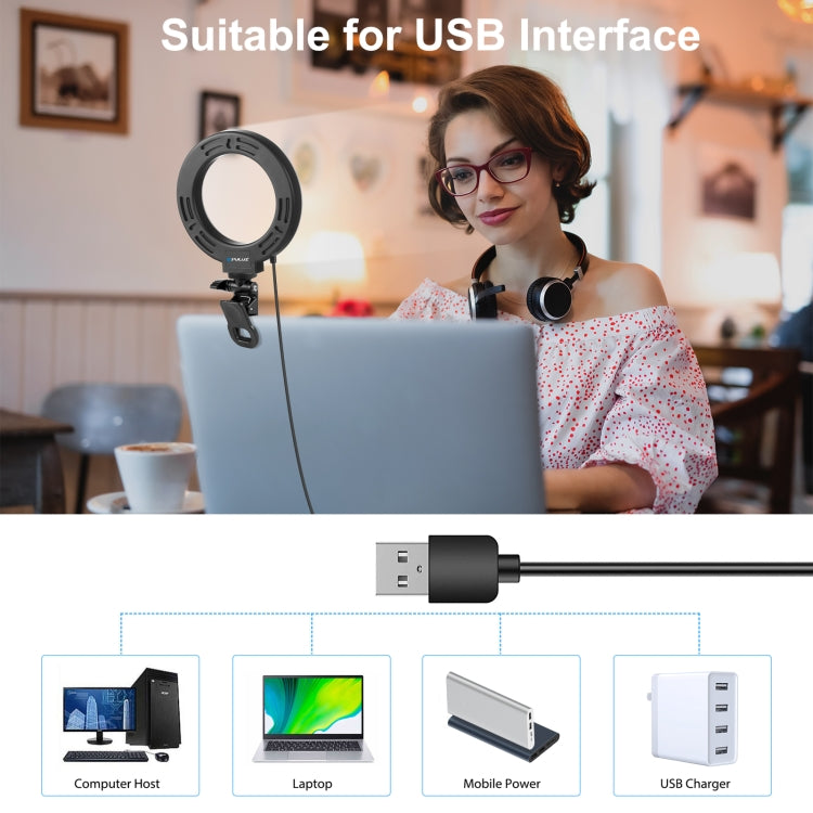 PULUZ 4.7 inch 12cm Ring Selfie Light 3 Modes USB Dimmable Dual Color Temperature Curved LED Vlogging Photography Video Lights with Clip Stand for Monitor, 4.7 inch+Clip