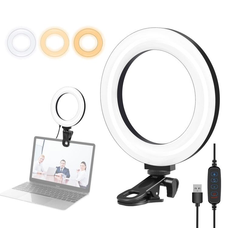 PULUZ 6.2 inch 16cm Ring Selfie Light 3 Modes USB Dimmable Dual Color Temperature Curved LED Vlogging Photography Video Lights with Clip Stand for Monitor, 6.2 inch Light+Clip