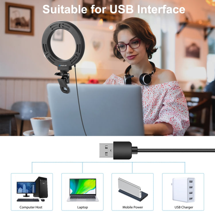 PULUZ 6.2 inch 16cm Ring Selfie Light 3 Modes USB Dimmable Dual Color Temperature Curved LED Vlogging Photography Video Lights with Clip Stand for Monitor, 6.2 inch Light+Clip