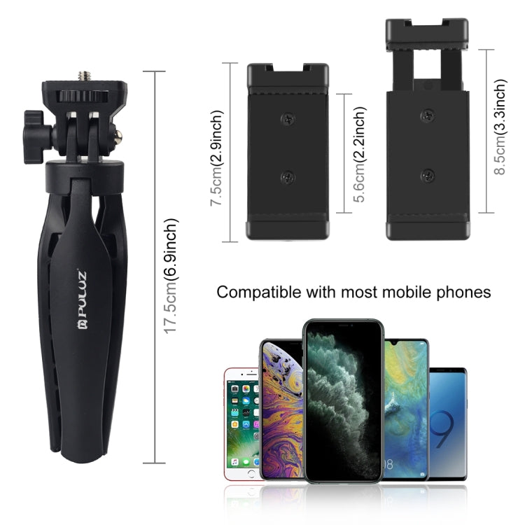 PULUZ Supporto per treppiede da scrivania in plastica con morsetto per telefono e testa di treppiede regolabile per smartphone, Plastic Tripod+Adjusting Head