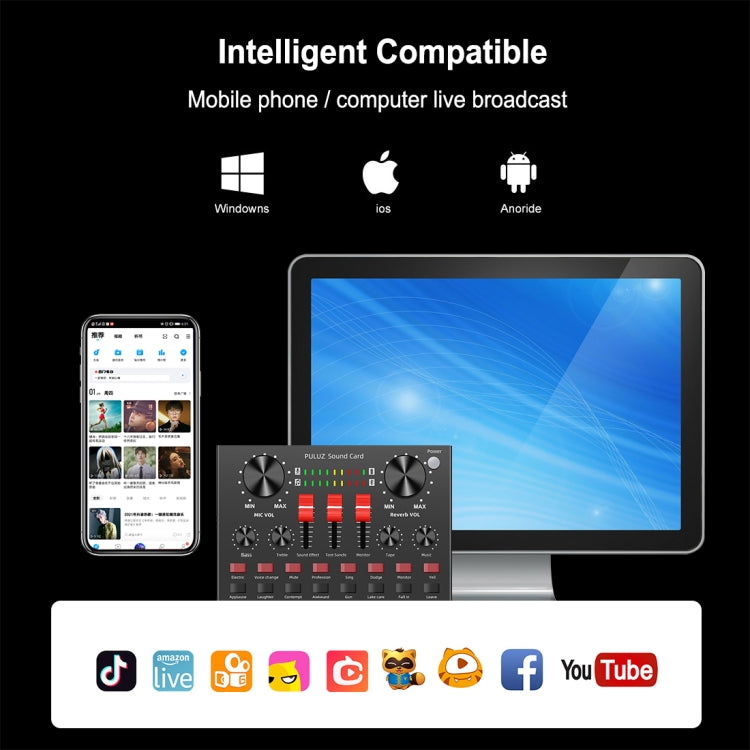 PULUZ Scheda Audio Trasmissione in Diretta Bluetooth Karaoke Canto Registrazione Mixer Audio per Telefono Cellulare/Computer/Laptop/Tablet PC, Versione Inglese, English Version