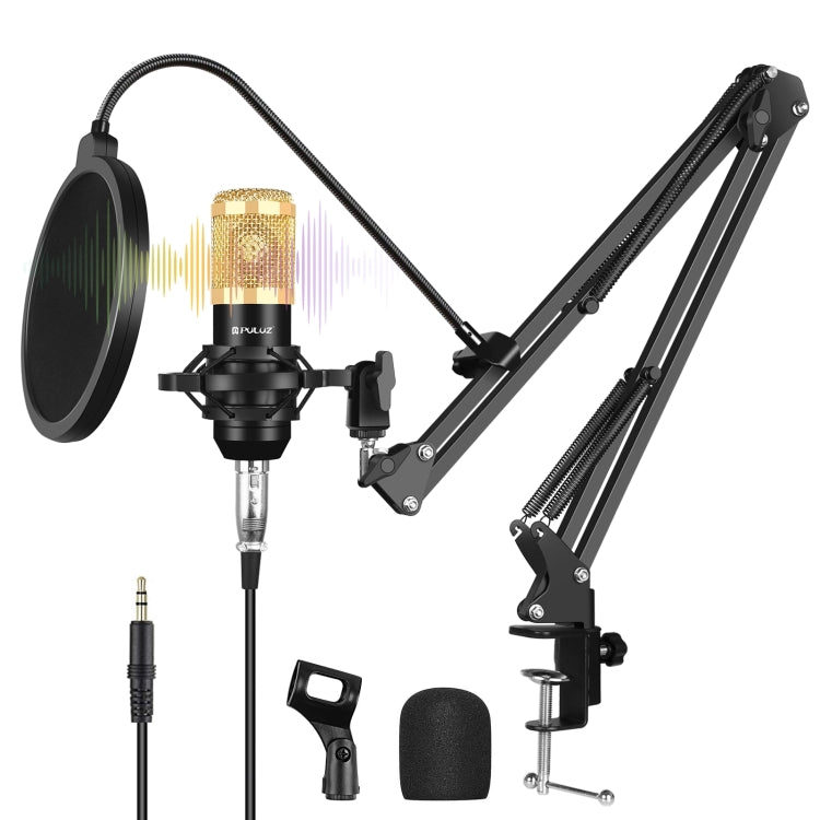 PULUZ Microfono a condensatore Studio Broadcast Kit microfono professionale per canto con braccio a forbice a sospensione e supporto antiurto in metallo e scheda audio USB, alimentazione da 48 V, 48V Microphone Kits (Gold)