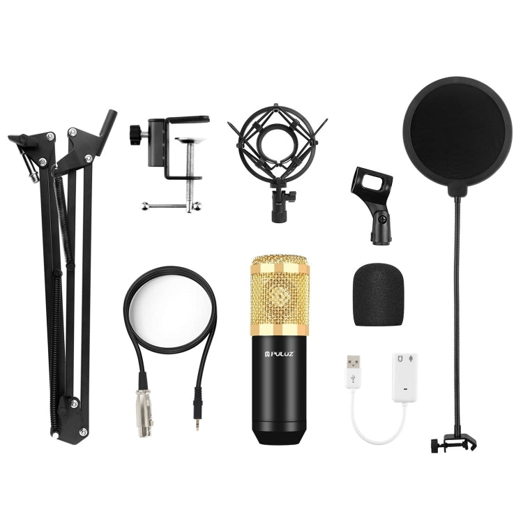 PULUZ Microfono a condensatore Studio Broadcast Kit microfono professionale per canto con braccio a forbice a sospensione e supporto antiurto in metallo e scheda audio USB, alimentazione da 48 V, 48V Microphone Kits (Gold)