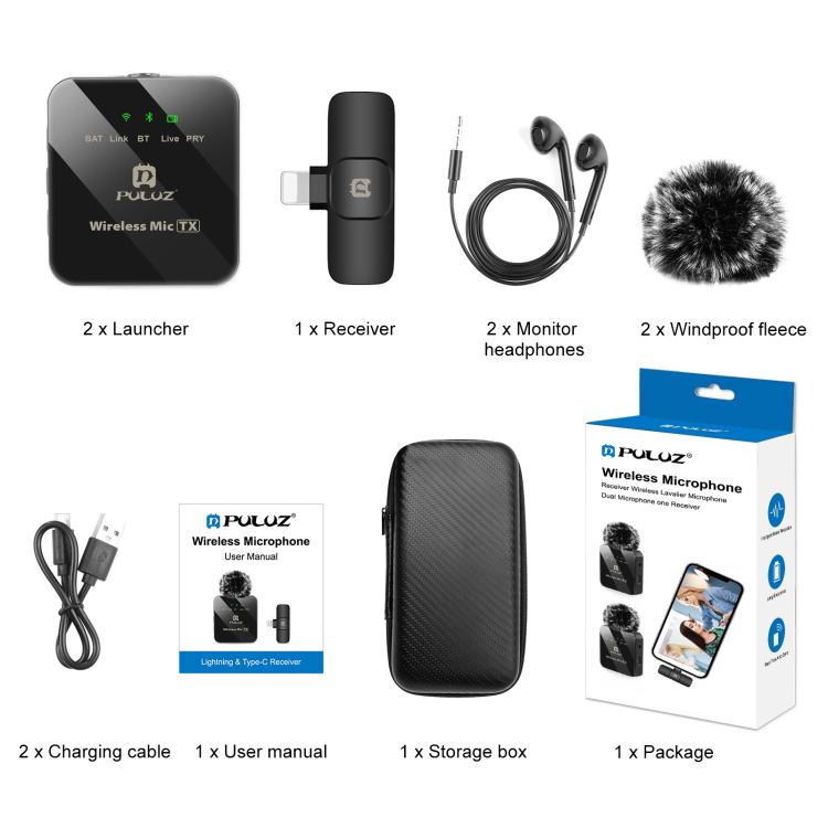 Microfono lavalier wireless PULUZ per iPhone/iPad, ricevitore a 8 pin e doppio microfono, 8-Pin 2 TX + 1 RX