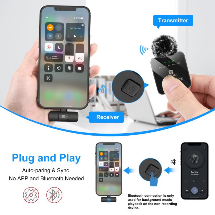Microfono lavalier wireless PULUZ per iPhone/iPad, ricevitore a 8 pin e doppio microfono, 8-Pin 2 TX + 1 RX