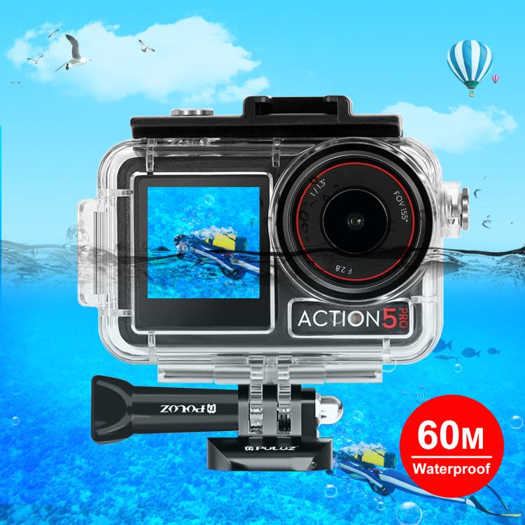 Per DJI Osmo Action 3/4 PULUZ Custodia subacquea impermeabile da 40 m con pattino freddo e fibbia Supporto di base e vite, For DJI Osmo Action 3 / 4 Waterproof Case