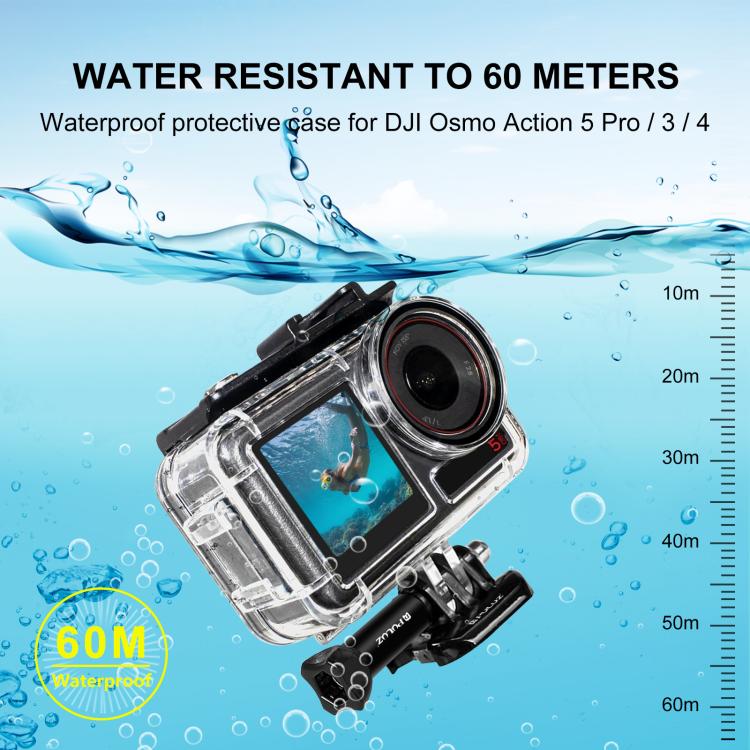 Per DJI Osmo Action 3/4 PULUZ Custodia subacquea impermeabile da 40 m con pattino freddo e fibbia Supporto di base e vite, For DJI Osmo Action 3 / 4 Waterproof Case