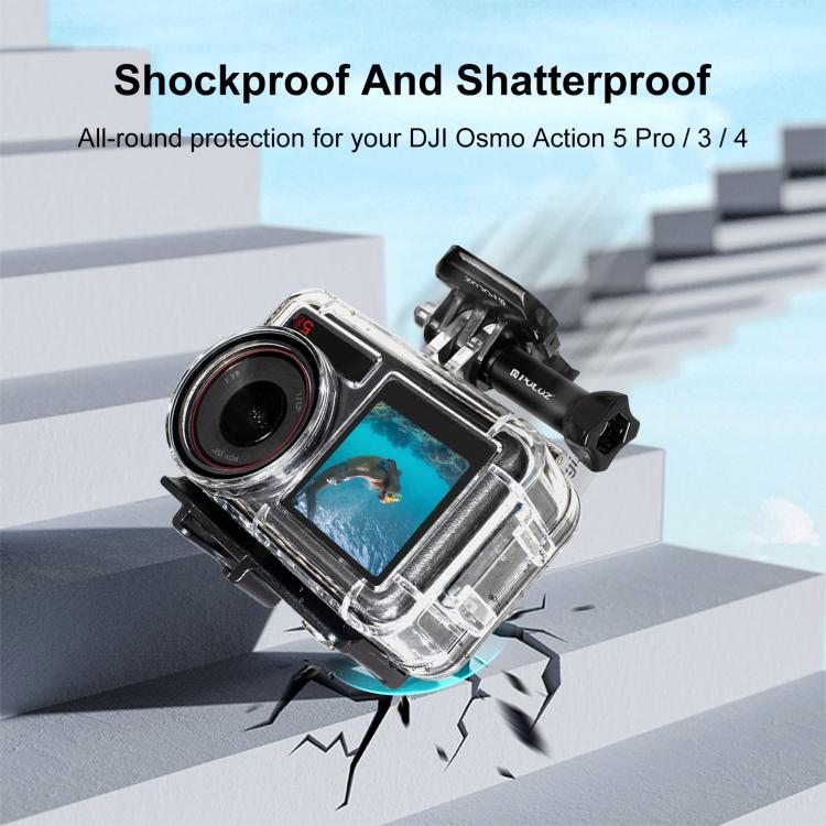 Per DJI Osmo Action 3/4 PULUZ Custodia subacquea impermeabile da 40 m con pattino freddo e fibbia Supporto di base e vite, For DJI Osmo Action 3 / 4 Waterproof Case
