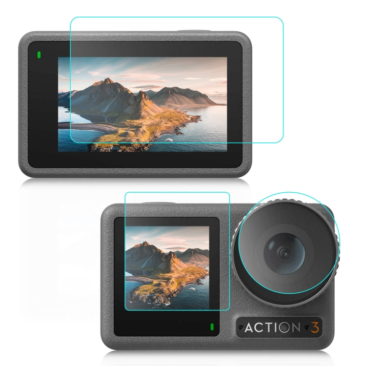 Per DJI Osmo Action 3/4 PULUZ Obiettivo 3 in 1 Pellicola antideflagrante per schermo anteriore e posteriore in vetro temperato, For DJI Osmo Action 3