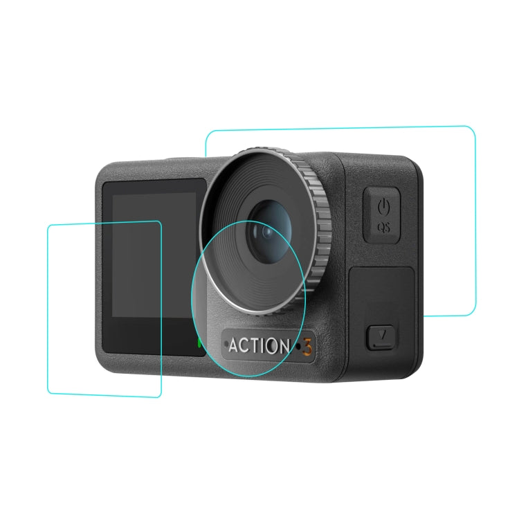 Per DJI Osmo Action 3/4 PULUZ Obiettivo 3 in 1 Pellicola antideflagrante per schermo anteriore e posteriore in vetro temperato, For DJI Osmo Action 3