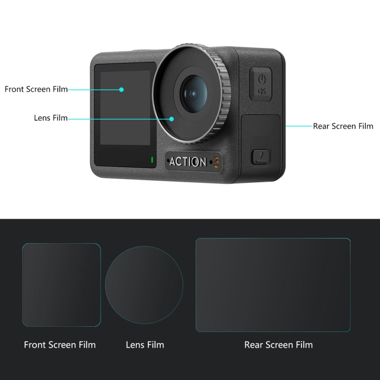 Per DJI Osmo Action 3/4 PULUZ Obiettivo 3 in 1 Pellicola antideflagrante per schermo anteriore e posteriore in vetro temperato, For DJI Osmo Action 3