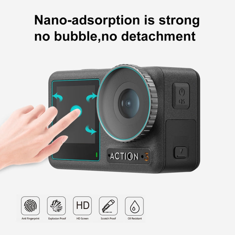 Per DJI Osmo Action 3/4 PULUZ Obiettivo 3 in 1 Pellicola antideflagrante per schermo anteriore e posteriore in vetro temperato, For DJI Osmo Action 3