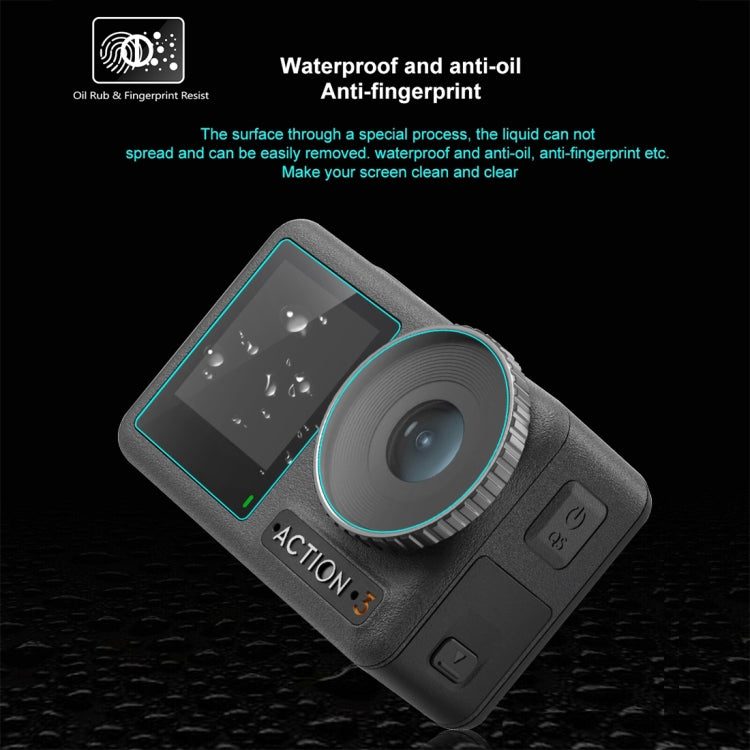 Per DJI Osmo Action 3/4 PULUZ Obiettivo 3 in 1 Pellicola antideflagrante per schermo anteriore e posteriore in vetro temperato, For DJI Osmo Action 3