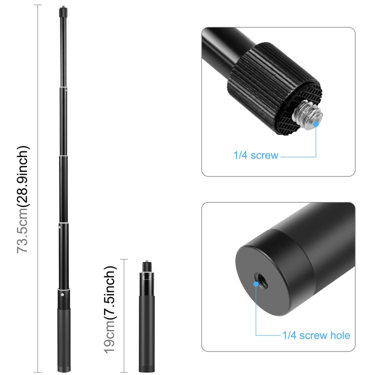 Monopiede per selfie in metallo PULUZ 73,5 cm con base adattatore invisibile e vite per Insta360 One RS / X2 / X3, 70cm Monopod