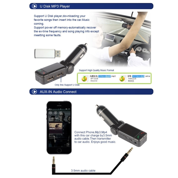 BC-06 Kit per auto Bluetooth Trasmettitore FM Lettore MP3 per auto con display LED, 2 caricatori USB e funzione vivavoce, BC06