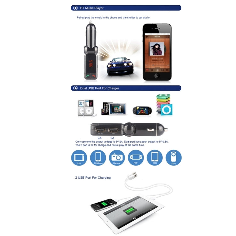 BC-06 Kit per auto Bluetooth Trasmettitore FM Lettore MP3 per auto con display LED, 2 caricatori USB e funzione vivavoce, BC06