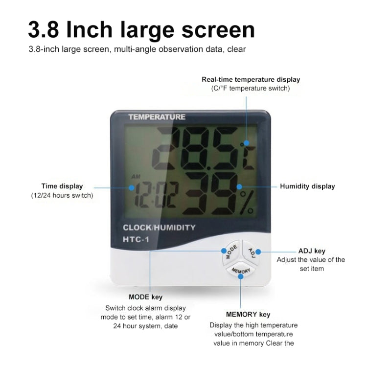 Misuratore digitale di temperatura e umidità LCD da 3,8 pollici con orologio/calendario (HTC-1), HTC-1