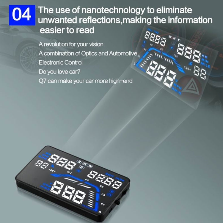 Q7 HUD GPS per auto da 5,5 pollici Sistema di sicurezza Head Up Display montato sul veicolo, supporto per velocità, tempo reale, altitudine, allarme di velocità eccessiva e numero satellitare, ecc., Q7