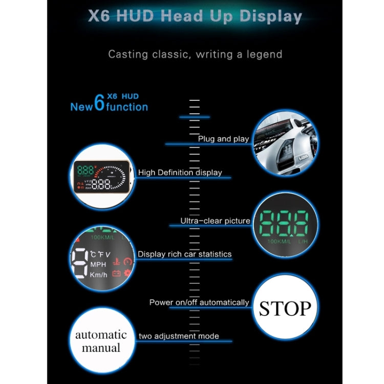 X6 3,5 pollici Auto OBDII / EUOBD HUD Sistema di sicurezza Head Up Display montato sul veicolo, supporto velocità, temperatura dell'acqua, allarme di velocità, consumo di carburante, tensione della batteria, ecc., X6