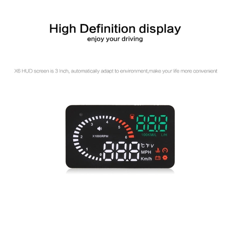 X6 3,5 pollici Auto OBDII / EUOBD HUD Sistema di sicurezza Head Up Display montato sul veicolo, supporto velocità, temperatura dell'acqua, allarme di velocità, consumo di carburante, tensione della batteria, ecc., X6