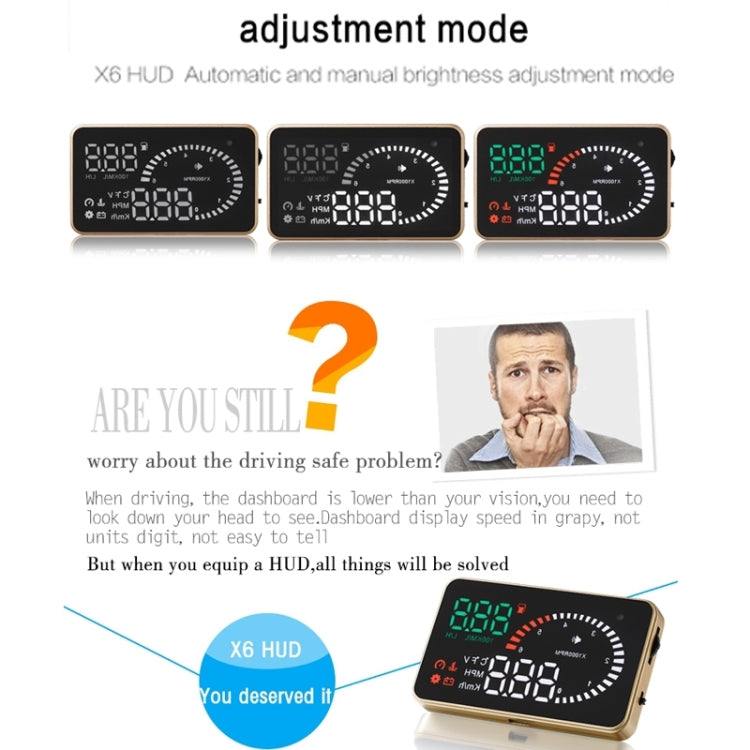 X6 3,5 pollici Auto OBDII / EUOBD HUD Sistema di sicurezza Head Up Display montato sul veicolo, supporto velocità, temperatura dell'acqua, allarme di velocità, consumo di carburante, tensione della batteria, ecc., X6