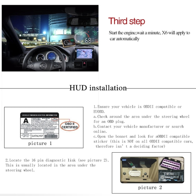 X6 3,5 pollici Auto OBDII / EUOBD HUD Sistema di sicurezza Head Up Display montato sul veicolo, supporto velocità, temperatura dell'acqua, allarme di velocità, consumo di carburante, tensione della batteria, ecc., X6