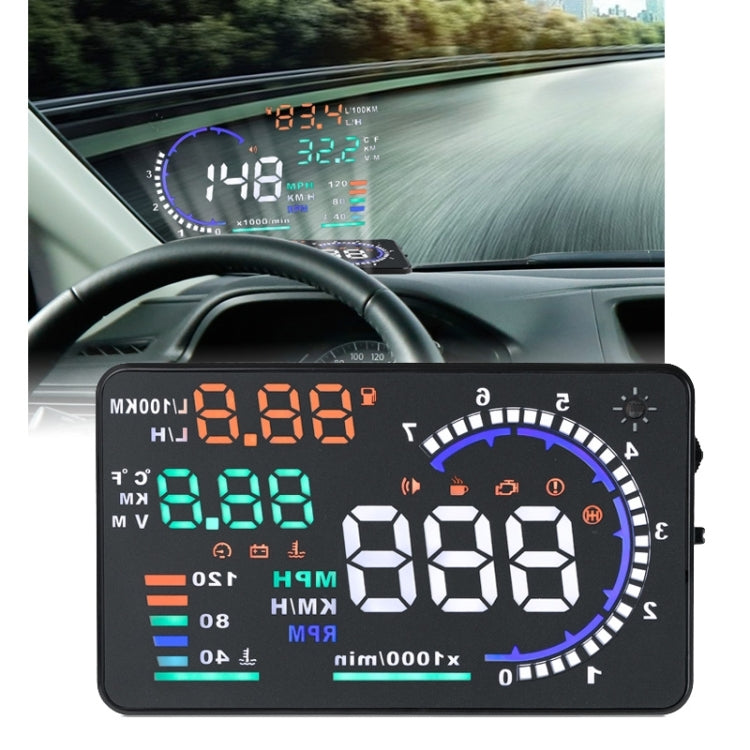 A8 Sistema di allarme HUD OBDII per auto da 5,5 pollici Proiettore Head Up Display montato sul veicolo con LED, supporta consumo di carburante e allarme di velocità eccessiva, temperatura dell'acqua e diagnosi di guasti, A8