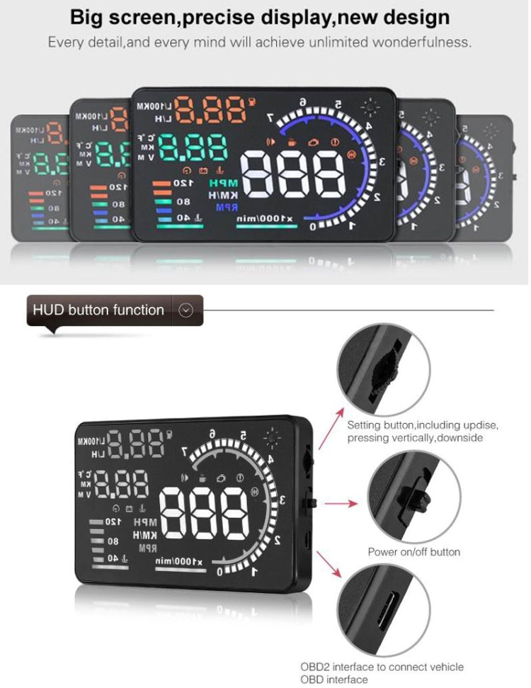 A8 Sistema di allarme HUD OBDII per auto da 5,5 pollici Proiettore Head Up Display montato sul veicolo con LED, supporta consumo di carburante e allarme di velocità eccessiva, temperatura dell'acqua e diagnosi di guasti, A8