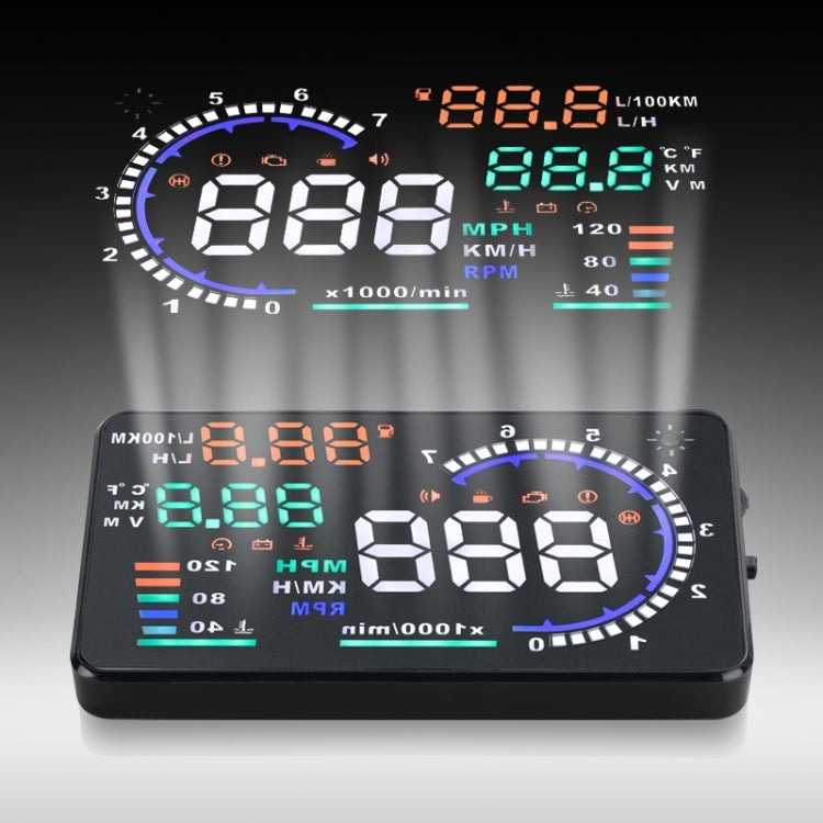 A8 Sistema di allarme HUD OBDII per auto da 5,5 pollici Proiettore Head Up Display montato sul veicolo con LED, supporta consumo di carburante e allarme di velocità eccessiva, temperatura dell'acqua e diagnosi di guasti, A8