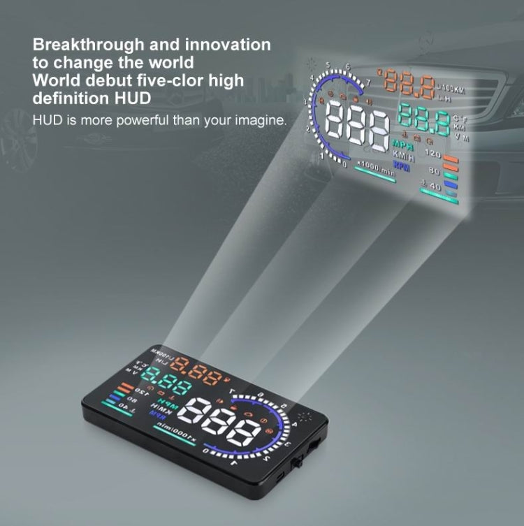 A8 Sistema di allarme HUD OBDII per auto da 5,5 pollici Proiettore Head Up Display montato sul veicolo con LED, supporta consumo di carburante e allarme di velocità eccessiva, temperatura dell'acqua e diagnosi di guasti, A8