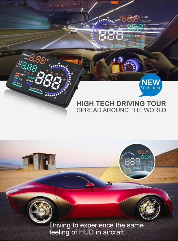 A8 Sistema di allarme HUD OBDII per auto da 5,5 pollici Proiettore Head Up Display montato sul veicolo con LED, supporta consumo di carburante e allarme di velocità eccessiva, temperatura dell'acqua e diagnosi di guasti, A8