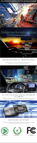 E300 da 5,5 pollici per auto OBDII/EUOBD HUD Sistema di sicurezza Head Up Display montato sul veicolo, supporta velocità e consumo di carburante, allarme di velocità eccessiva, consumo di carburante, temperatura dell'acqua, ecc., E300
