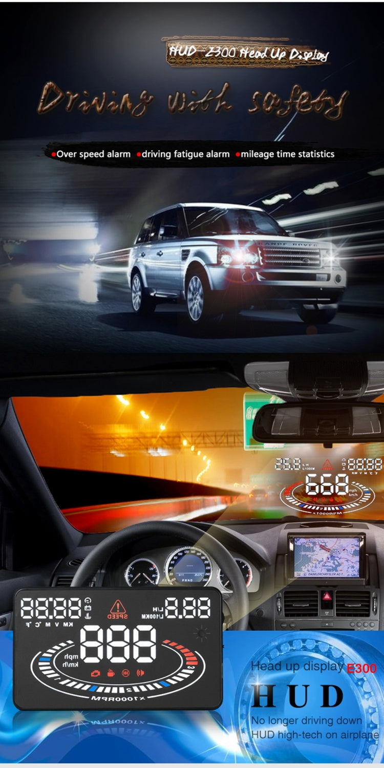 E300 da 5,5 pollici per auto OBDII/EUOBD HUD Sistema di sicurezza Head Up Display montato sul veicolo, supporta velocità e consumo di carburante, allarme di velocità eccessiva, consumo di carburante, temperatura dell'acqua, ecc., E300