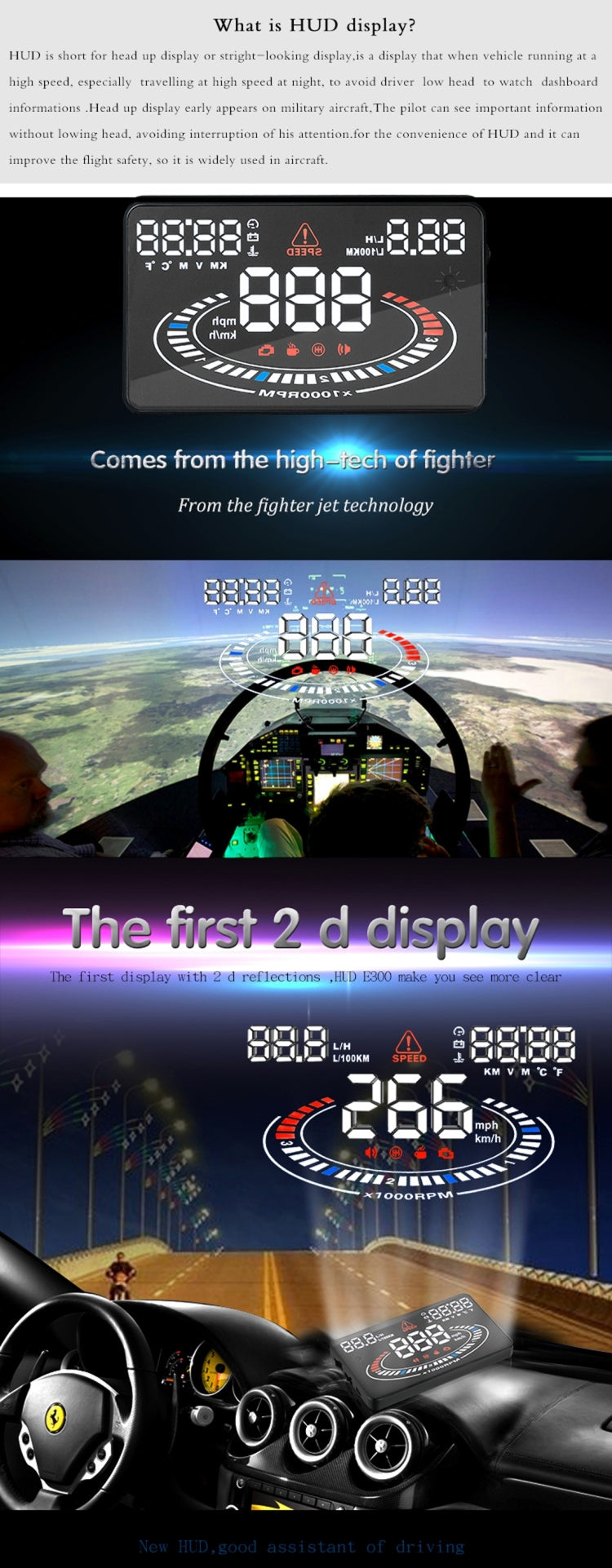 E300 da 5,5 pollici per auto OBDII/EUOBD HUD Sistema di sicurezza Head Up Display montato sul veicolo, supporta velocità e consumo di carburante, allarme di velocità eccessiva, consumo di carburante, temperatura dell'acqua, ecc., E300