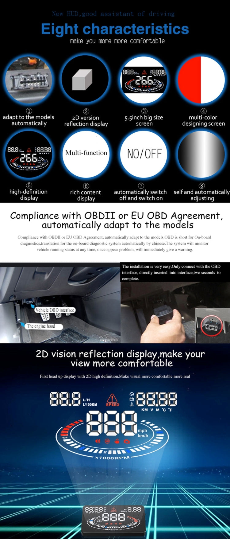 E300 da 5,5 pollici per auto OBDII/EUOBD HUD Sistema di sicurezza Head Up Display montato sul veicolo, supporta velocità e consumo di carburante, allarme di velocità eccessiva, consumo di carburante, temperatura dell'acqua, ecc., E300