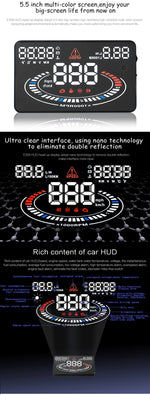 E300 da 5,5 pollici per auto OBDII/EUOBD HUD Sistema di sicurezza Head Up Display montato sul veicolo, supporta velocità e consumo di carburante, allarme di velocità eccessiva, consumo di carburante, temperatura dell'acqua, ecc., E300