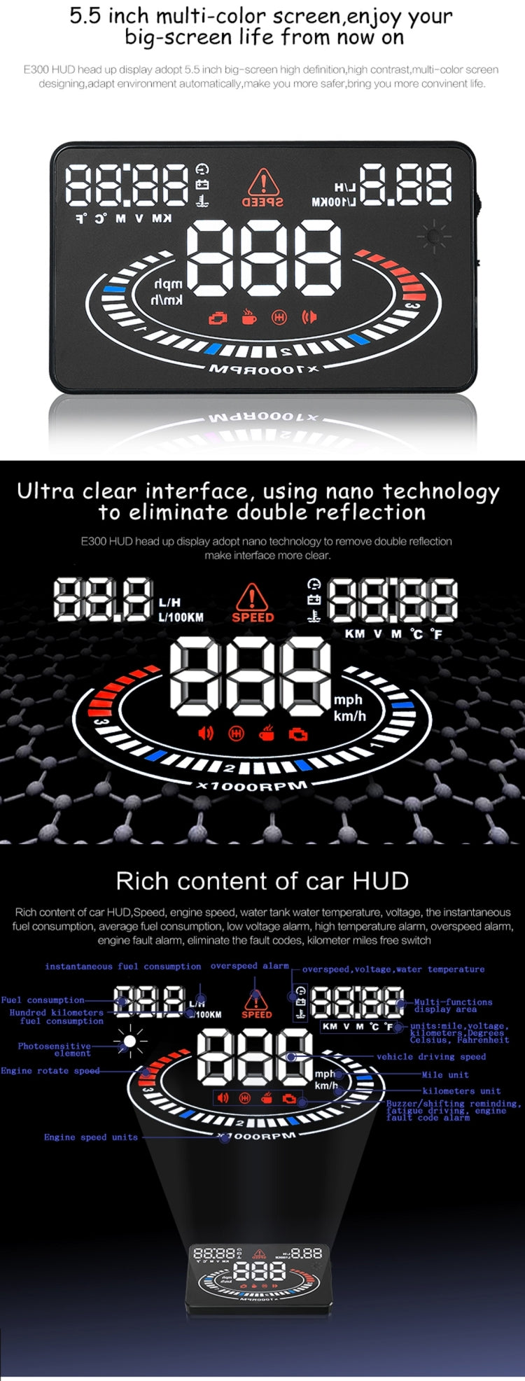 E300 da 5,5 pollici per auto OBDII/EUOBD HUD Sistema di sicurezza Head Up Display montato sul veicolo, supporta velocità e consumo di carburante, allarme di velocità eccessiva, consumo di carburante, temperatura dell'acqua, ecc., E300