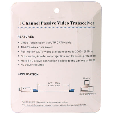 Ricetrasmettitore video balun passivo 1 canale Cat5 UTP
