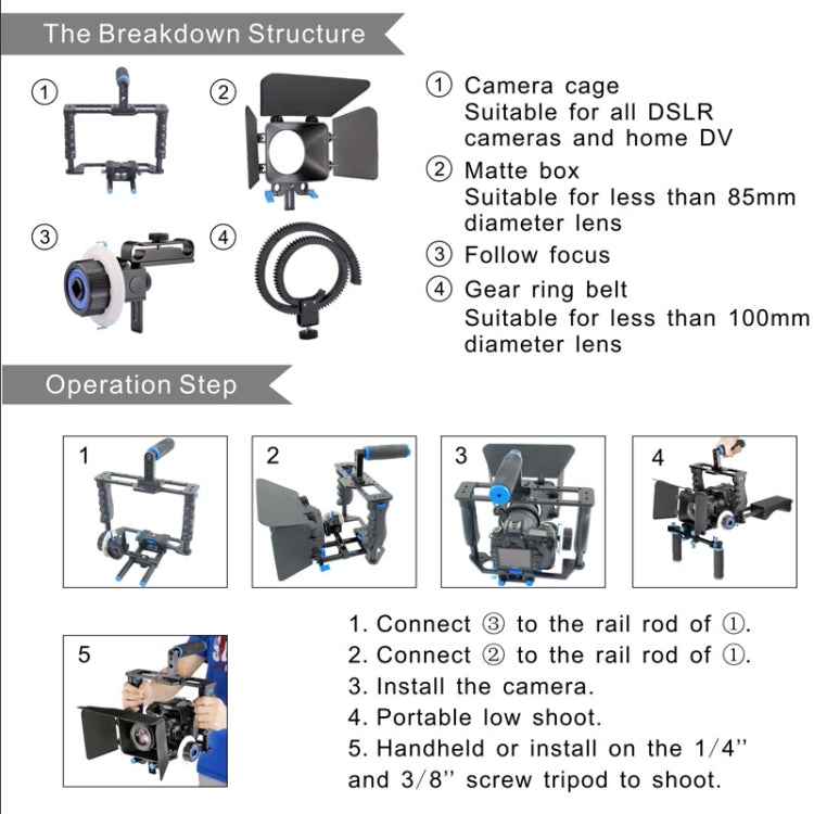 YELANGU YLG1103A-B Stabilizzatore per gabbia per videocamera con maniglia grande + kit Matte Box per fotocamera DSLR/videocamera