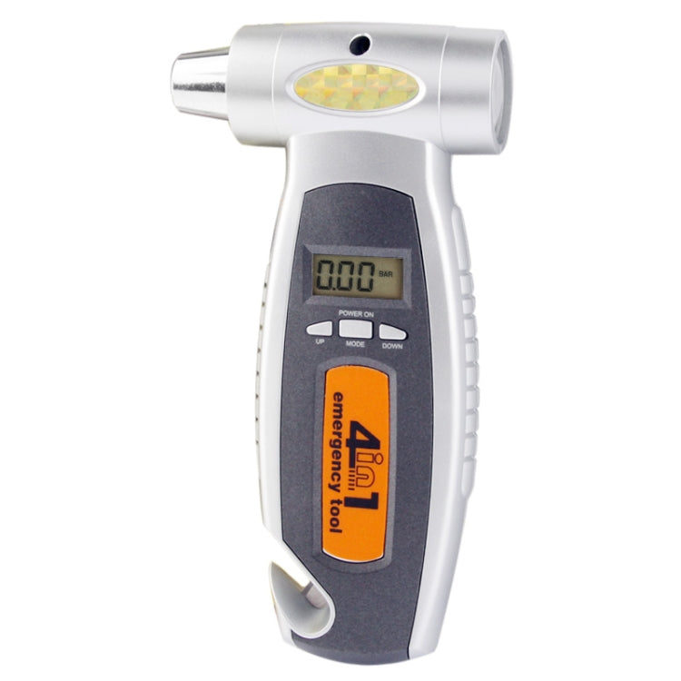 Strumento di utilità di emergenza 4 in 1 (manometro digitale per pneumatici + torcia elettrica + martello di emergenza + taglierino per cintura di sicurezza di emergenza)., 4 in 1